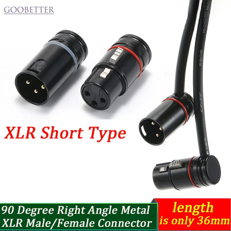 

90 Degree Right Angle Metal XLR Male/Female Connector 3-Pin Balanced Audio Plug Mic Microphone Short Type