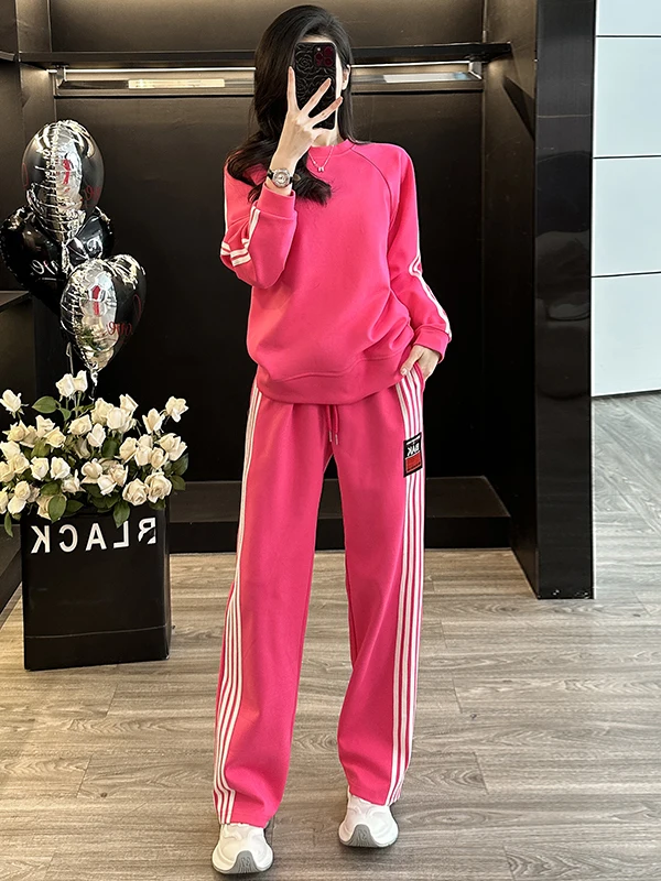 

Salt Series Street Style Casual Set Women's Long Sleeve round Neck Sweatshirt High Waist Wide Leg Pants Slimming Two Piece Set
