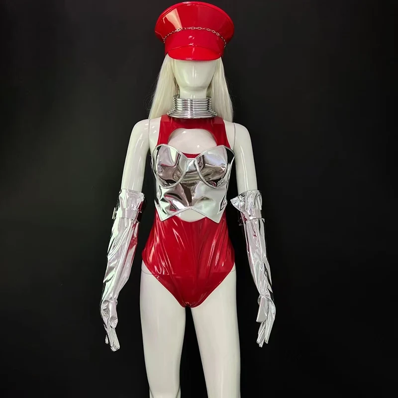 

Gogo Dance Stage Outfit For Women Silver Red Bodysuit Drag Queen Costume Carnival Festival Rave Clothing Party Clubwear VDL2931