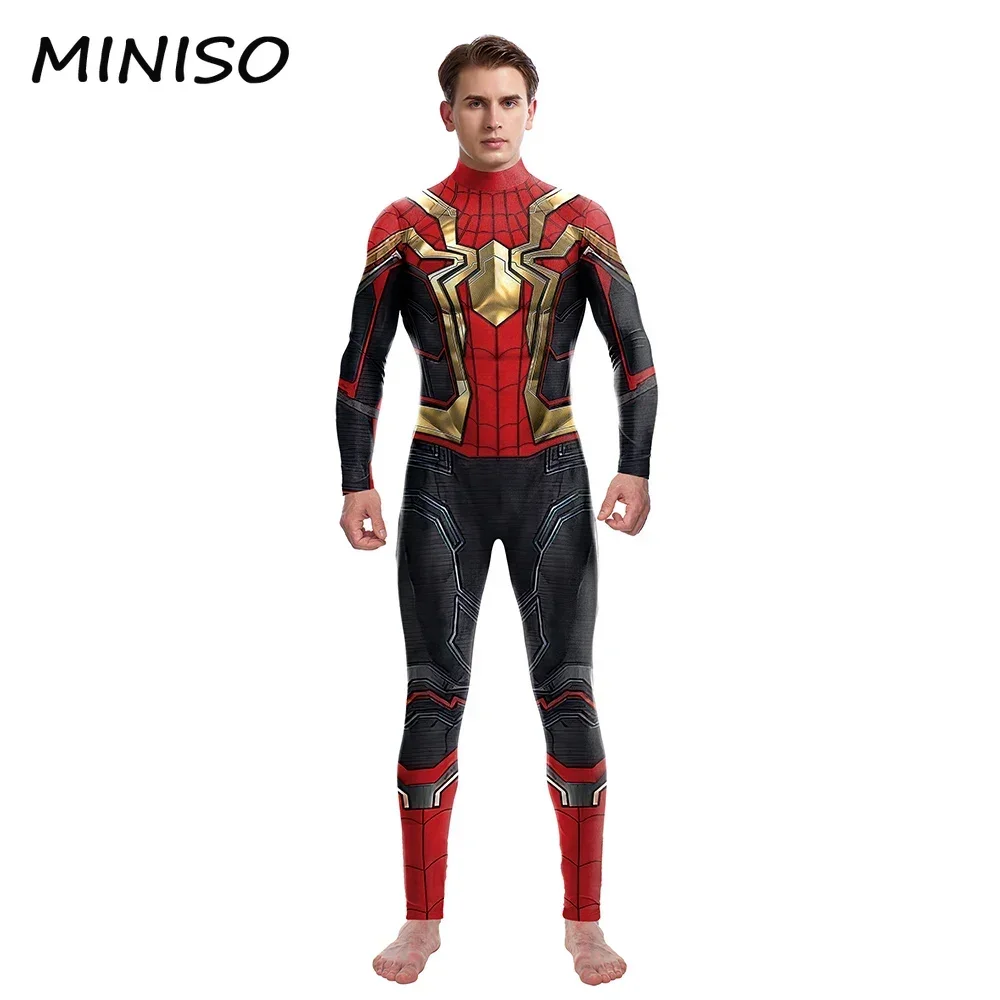 MINISO Spider Pattern Printed Man Zentai Bodysuits Back Zipper Jumpsuit Cosplay Movie Superhero Costume Halloween Stage Show