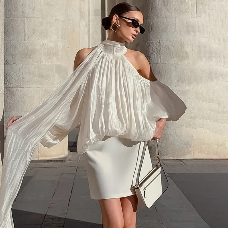 

Typhaland Off Shoulder Hlater Long Sleeve T shirt Female Commuting Tops Loose Ribbon T shirt Casual Solid Puff Sleeve Pullovers