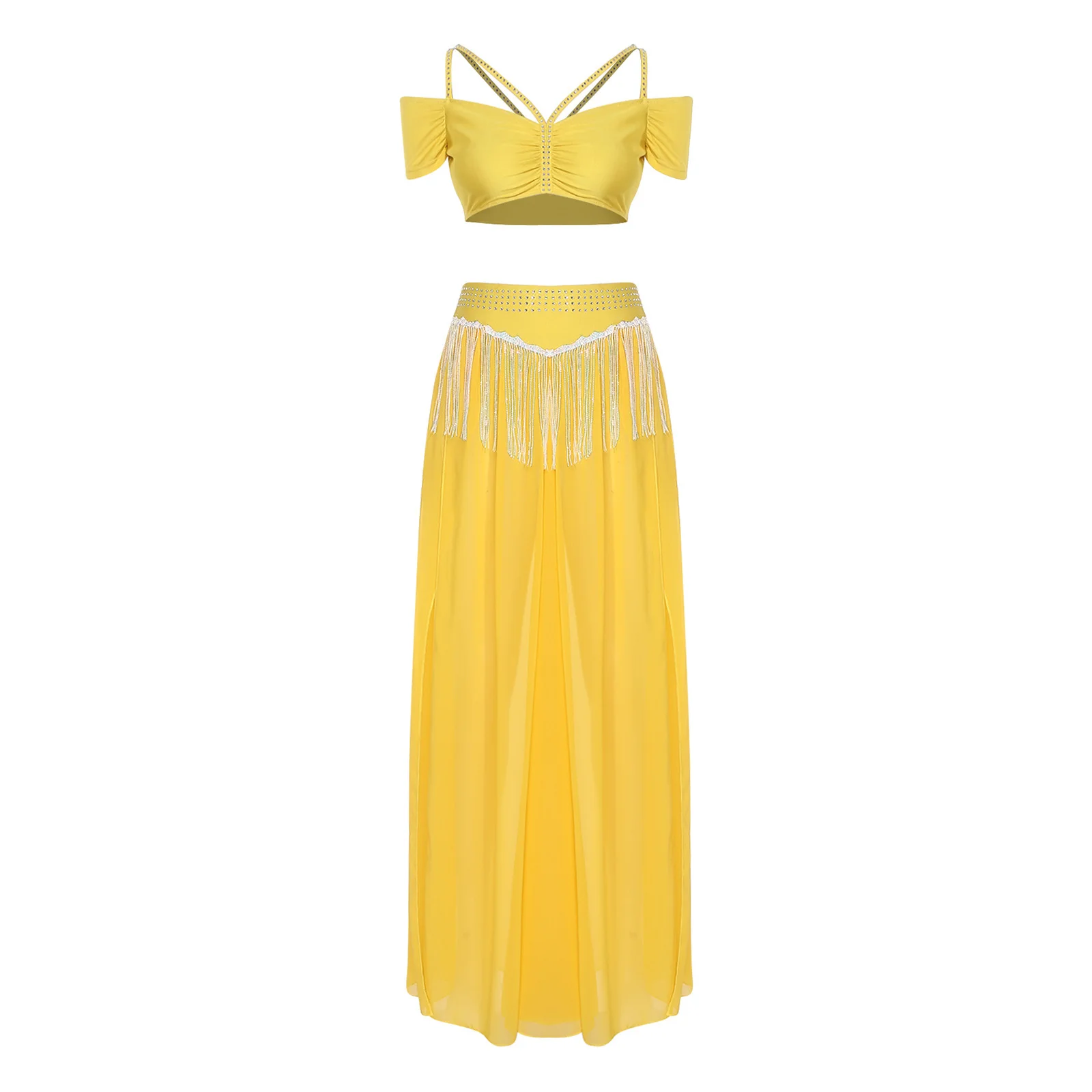 Vêtements de danse orientale pour femmes, Costume de danse du ventre indien, haut court en strass, taille, paillettes, pompon, jambes fendues, culottes, pantalons à jambes larges