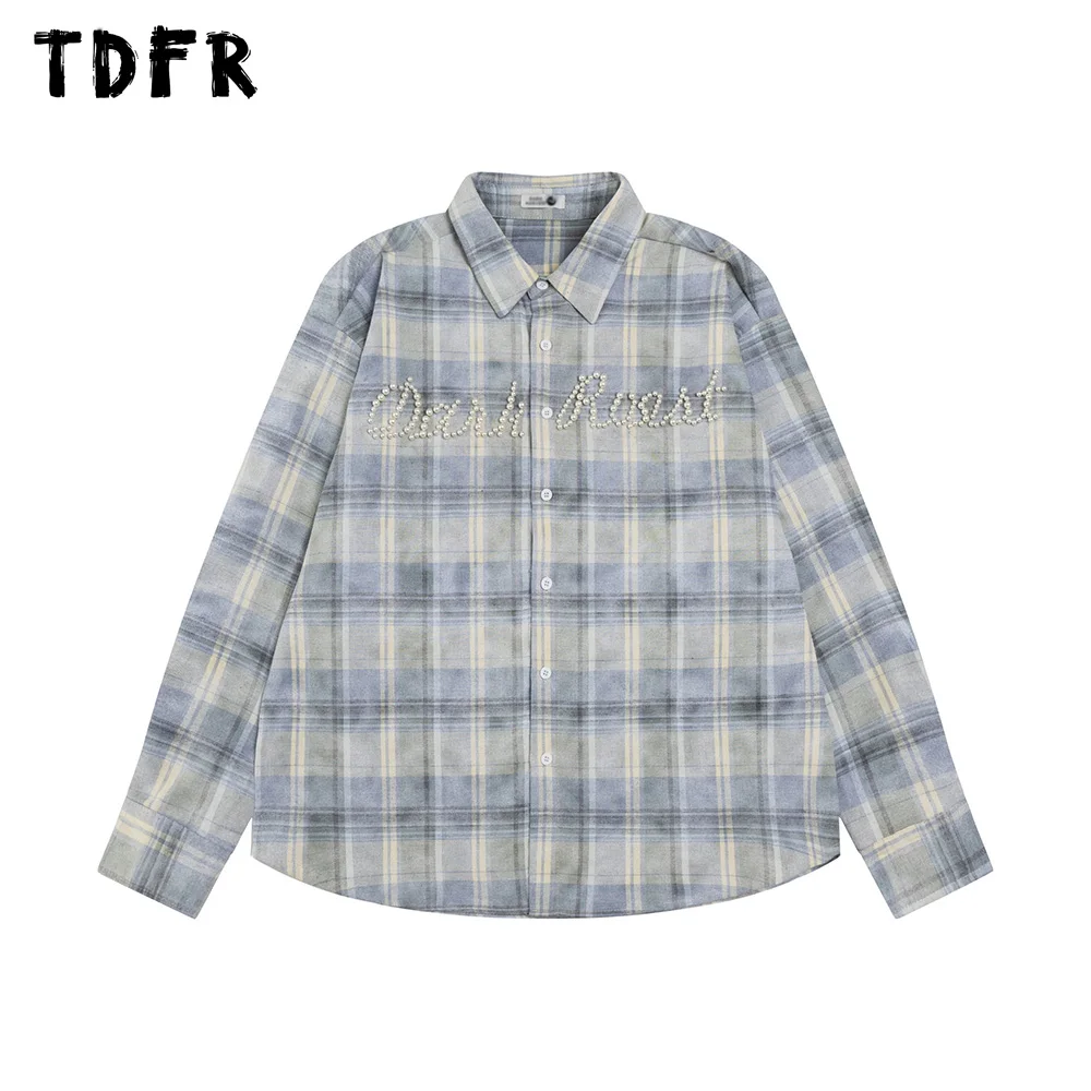 Beading Letter Plaid Long Sleeve Shirts Mens Autumn Casual Loose Single Breasted Lapel Shirts Men Tops