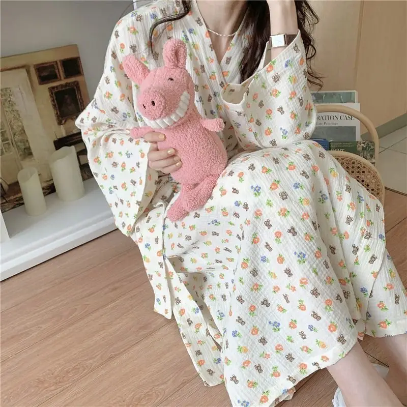 Kimono japonés de verano para mujer, Pijama largo, albornoces bonitos de oso de peluche, ropa para el hogar, camisón de señora, bata de baño