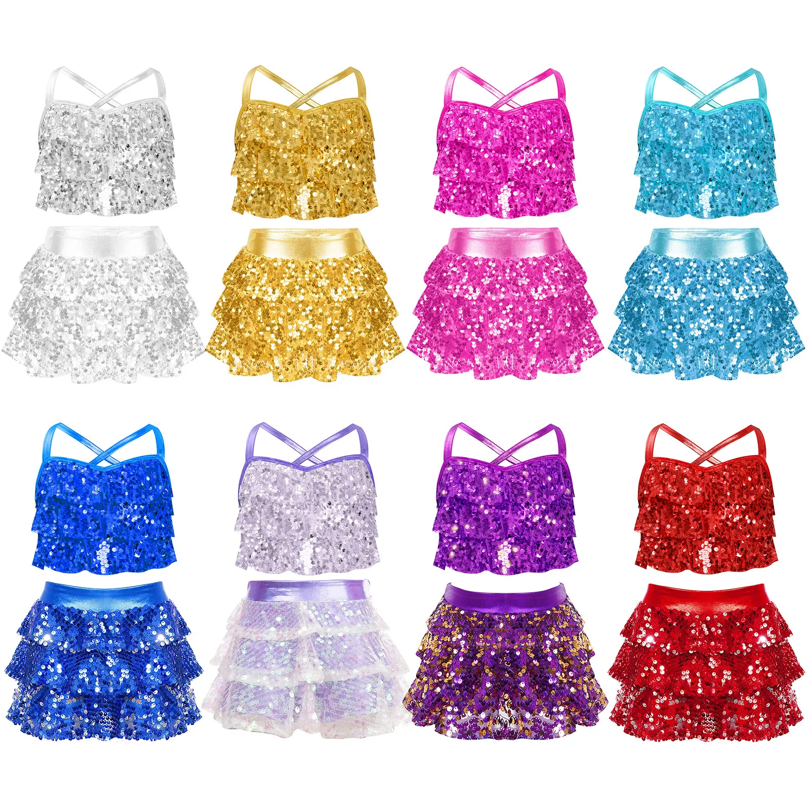 Kids Girls Glittery Sequins Dance Sets Tiered Ruffles Cross Back Metallic Crop Top with Culottes for Jazz Performance Costume