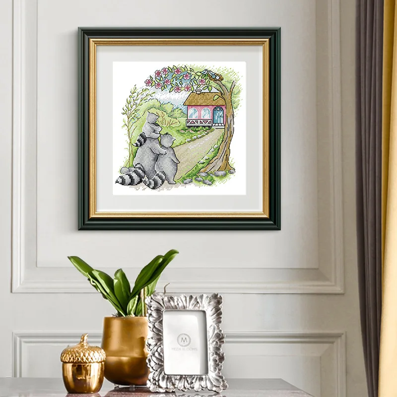 

Soulgift News Pre-Printed Cross Stitch Kit, Stamped Aida Fabric With DMC Threads, Embroidery Kit - Raccoon's Home