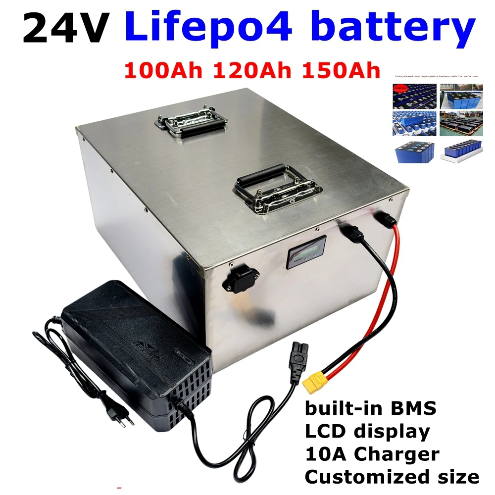 Lifepo4 24v 100ah 120ah 130ah 150ah battery with 100A BMS for electric fishing boat solar panel 24V 2000W inverter +10A Charger.