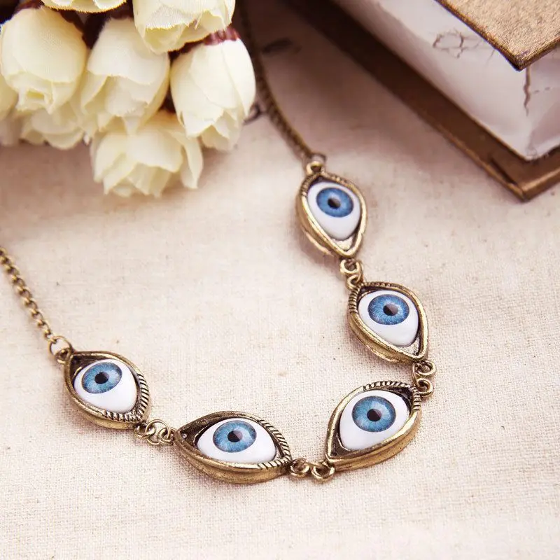 Vintage Punk Evil Eye Necklaces 5pcs Blue Eyeball Connect Exaggeration Multiple Dense Evil Eyes Necklace