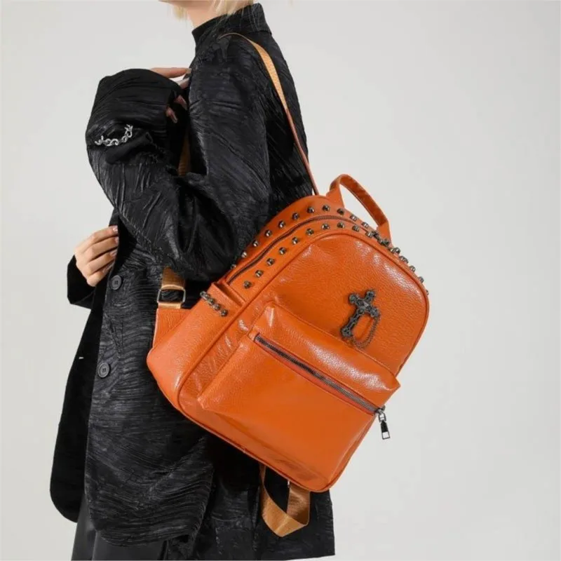 حقيبة ظهر متقاطعة بسلسلة مرصعة بتصميم عتيق للفتيات من الجلد بسعة كبيرة حقيبة نهارية للسيدات Harajuku Y2k موضة Mochilas Mujer Chic #4
