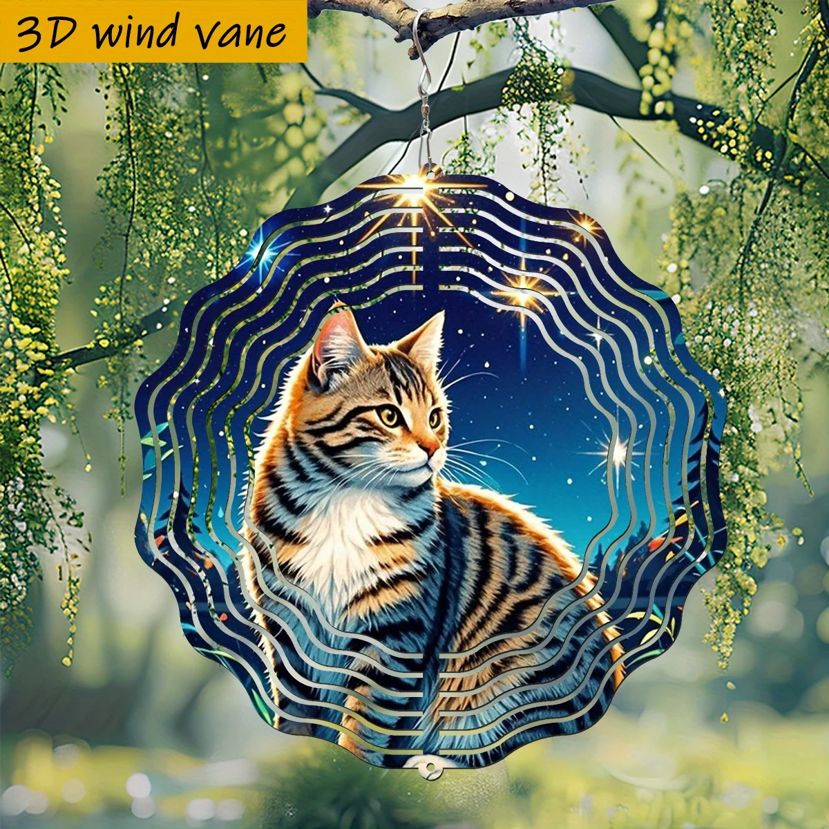 Durable Metal 3D Cat Night Sky Wind Chime 360 Rotating Hook Creative Double Sided Dynamic Art Hanging Decoration Tranquil Beauty