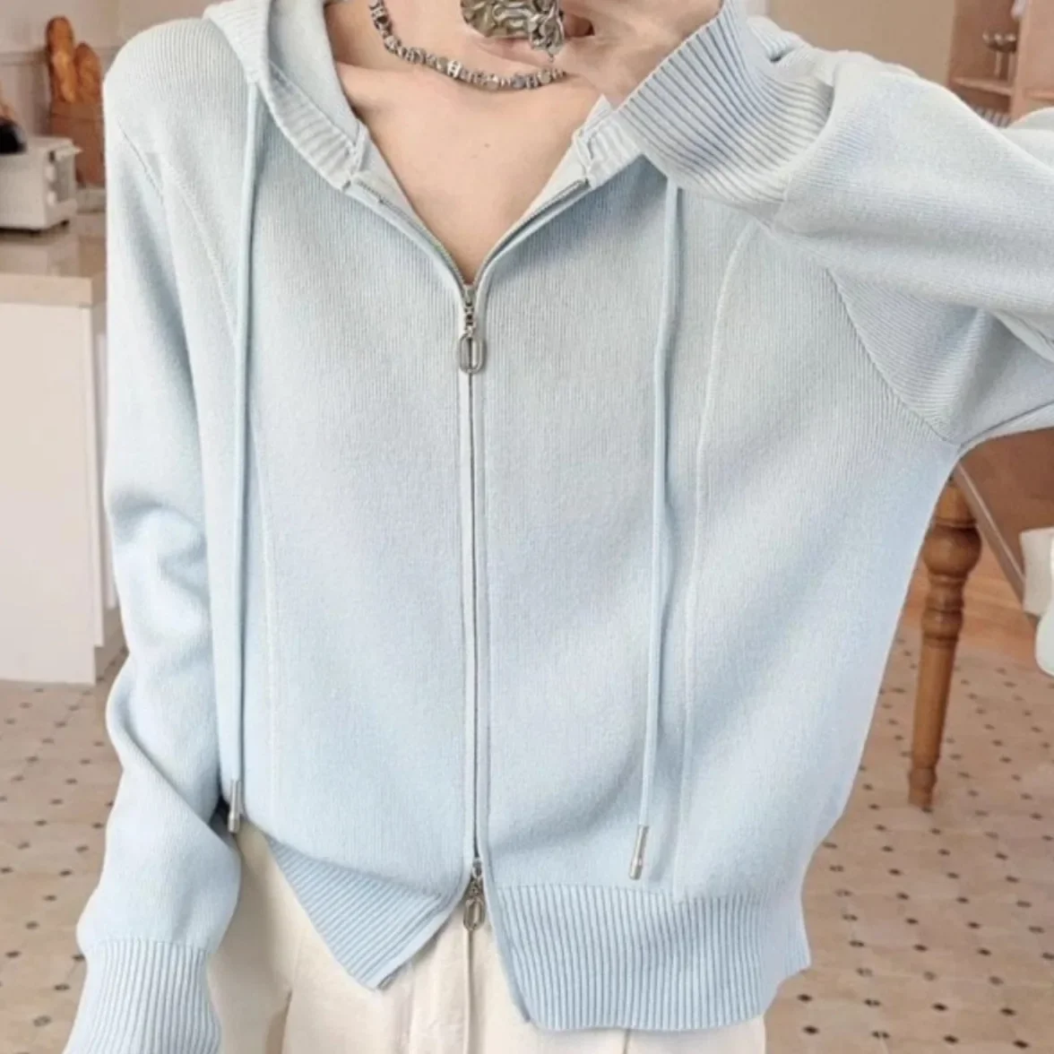 

Spring Casual Top Fashionable Personality Hat Shirt Hooded Double Zipper Soft Long Sleeve New Women's Open Cardigan Sweater