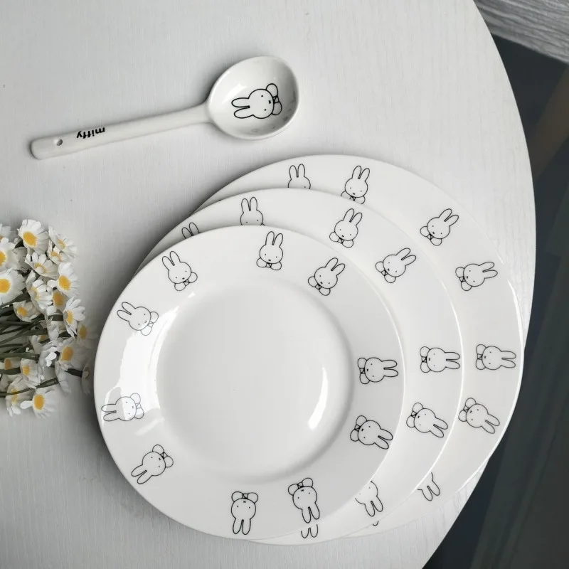 

New Kawaii Miffy Cute Cartoon Carrying Rabbit Ceramic Tableware Essential Dishes for Kitchen Dining Tables Bowls Spoons
