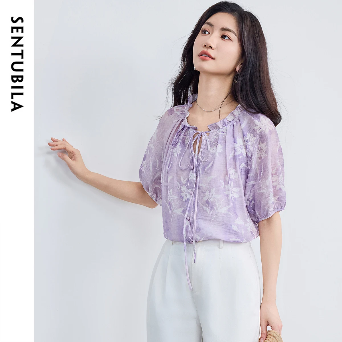 SENTUBILA Women's Chiffon Blouse Ruffles Shirts Bubble Short Sleeve Shirt Summer Print Blouses 2025 Collection Clothes 152V80125