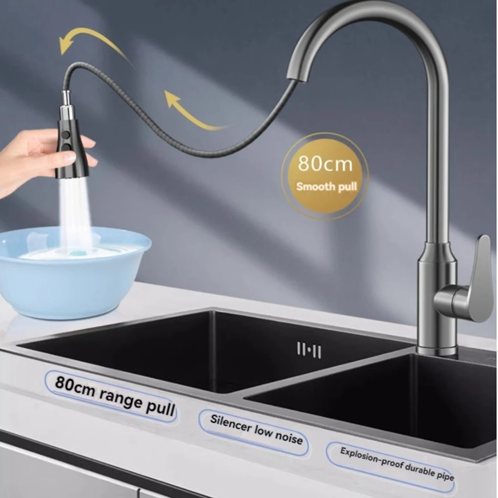 ABRW-Kitchen Faucets 304 Stainless Steel Pull Out Kitchen Sink Water Tap Deck Mounted Mixer Heads Hot Cold Taps Third Gear