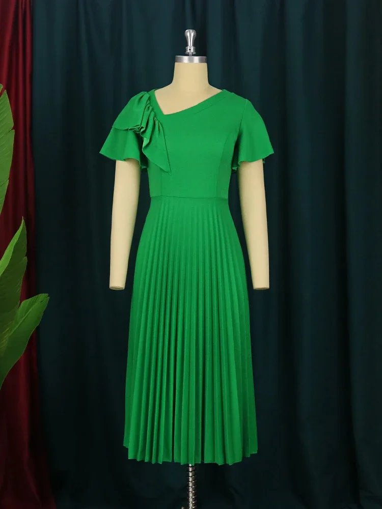 A Line Pleated Midi Dresses for Women Green Slash Neck Short Sleeve High Waist Causal Office Lady Church Party Gowns Outfits