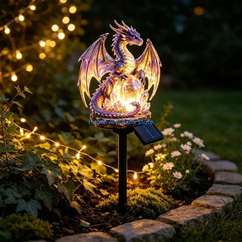 Y3NA Resin Dragon Yard Accent Light, Garden Stake Statue with Crystal Lamp Detail for Porch, Lawn, Entry Paths, and Outdoor