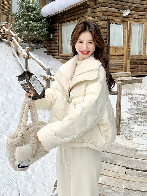 

Warm Plu Collar ort Women's down Jaet Fce Lined Winter Coat Sli Faionable Milk White Outerwear Coat