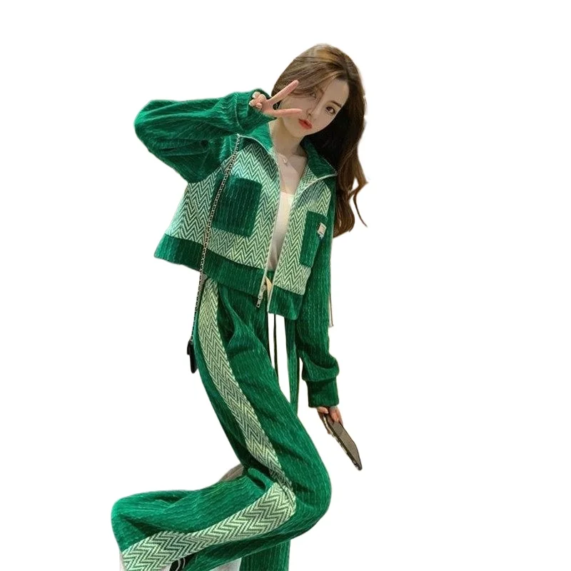 

Осенний новый модный повседневный костюм контрастного цвета с длинными рукавами, женский сезон, высококачественные тонкие широкие брюки Q-sense из двух предметов