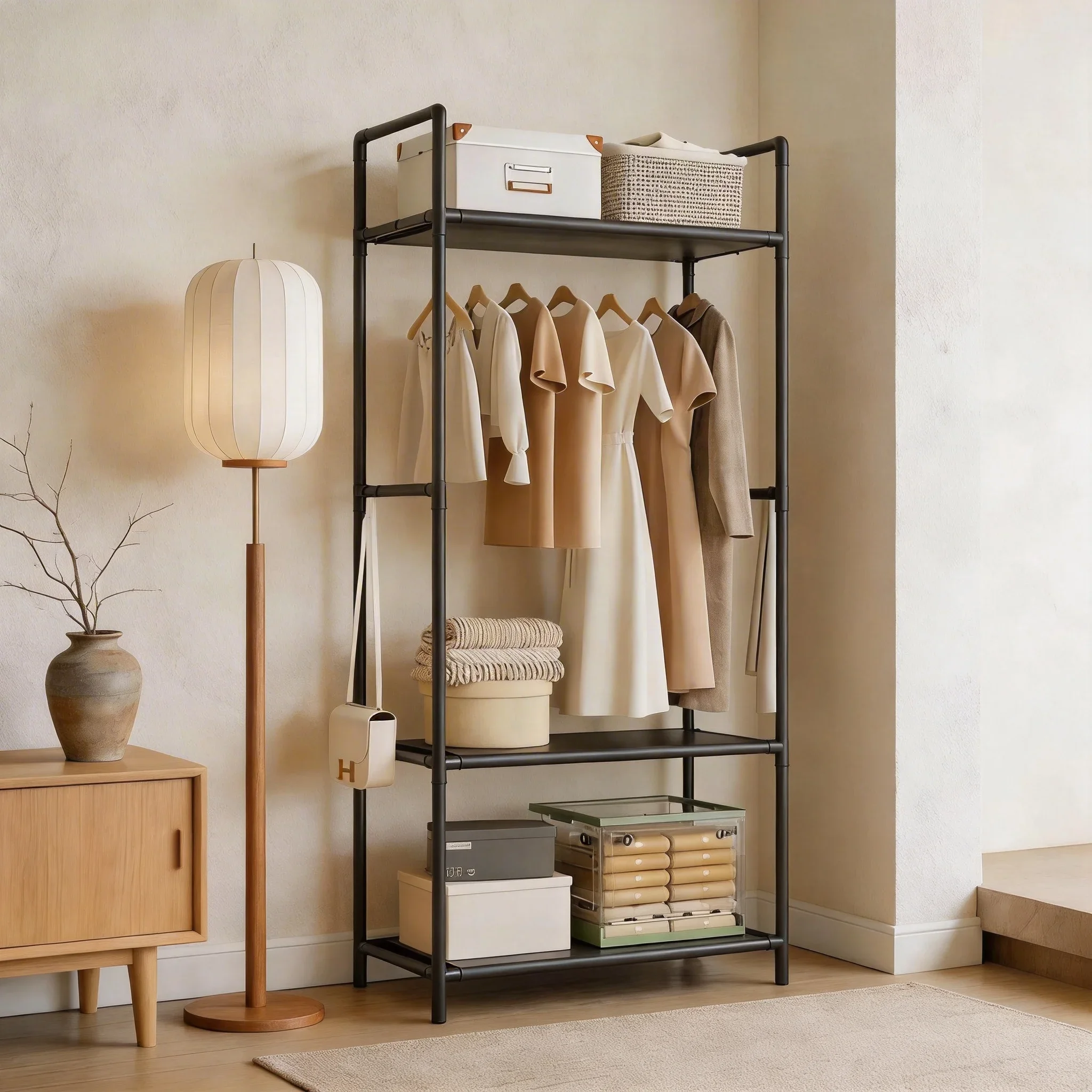 Versatile Garment Stand Hooks Space Efficient Clothes Rack Multi-Tier Storage Unit Living Room Garment Storage Organizer Shelf