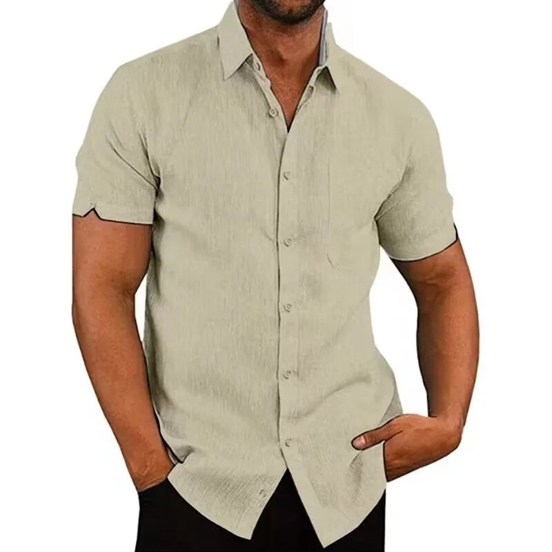 Cotton Linen Hot Sale Men's Short-Sleeved Shirts Summer Solid Color Turn-Down Collar Casual Beach Style