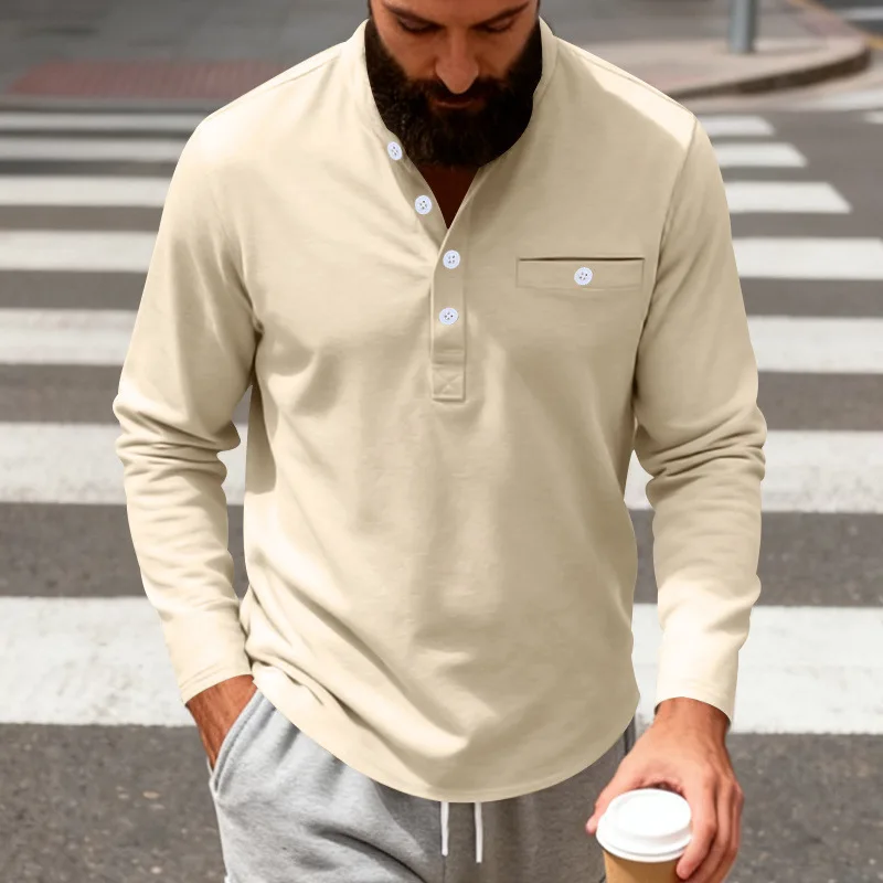 Cross-border spring and autumn heavy weight loose men's casual retro men's high street stand-up collar Henry shirt long sleeve