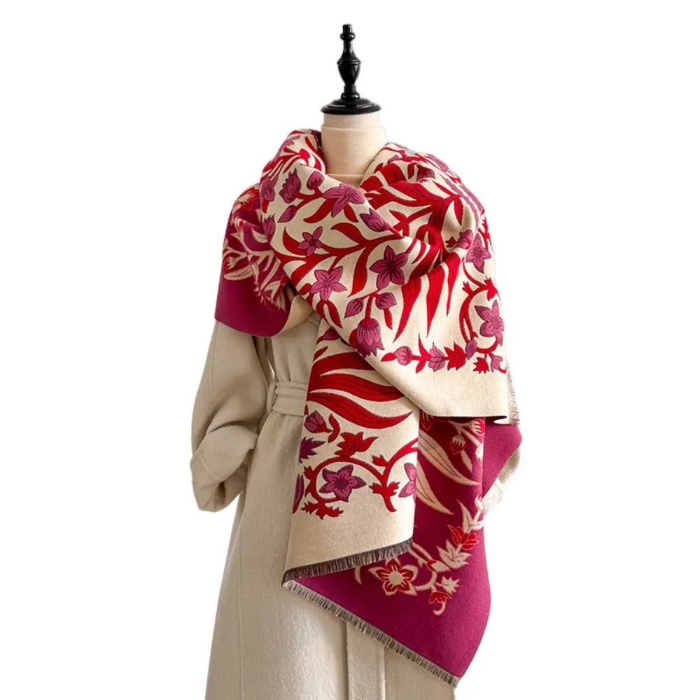 

Double-Sided Pashmina Shawl Tassel Design Thick Warm Floral Jacquard Scarf Floral Jacquard Windproof Winter Shawl