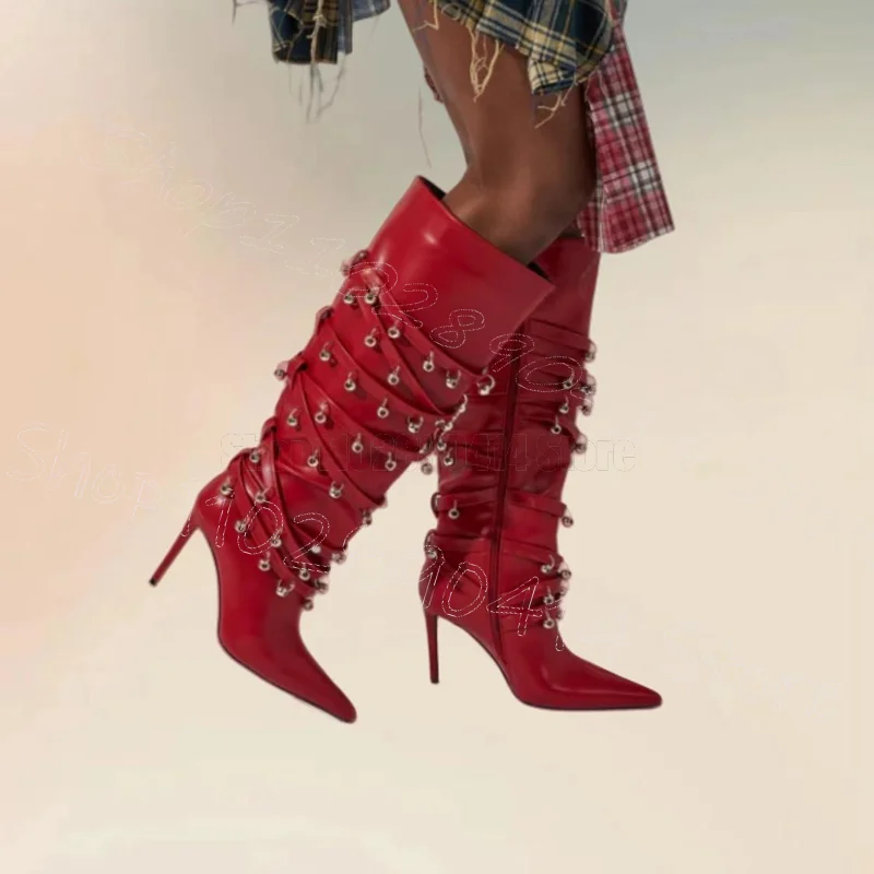 أحذية نسائية بمسامير دائرية معدنية باللون الأحمر بمقدمة مدببة وسحاب جانبي أحذية نسائية بكعب عالي رفيع موضة الحفلات والمواعدة 2025 Zapatos Para Mujere #2