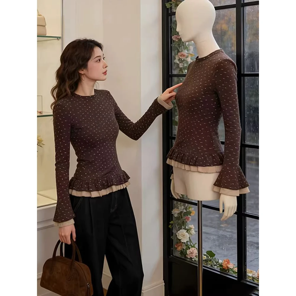 Korean Style Floral Print Long Sleeve Women's T-Shirt Inner Wear Base Shirt Top High End Feeling Spring New Arrival