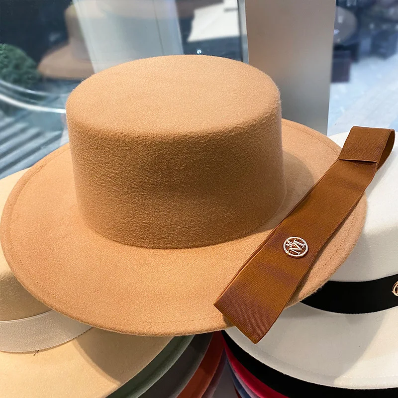 Fedora Rhinestone RB Ribbon Flat Top Hat for Women\'s Autumn and Winter Travel Versatile Flat Top Hat sombrero hat