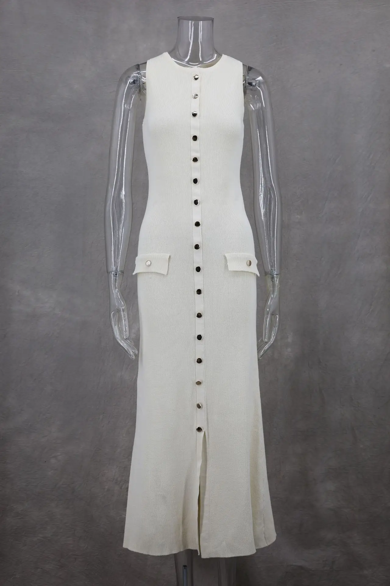 2025 Autumn Elegant Lady Knitted Single Breasted Long Dresses Women Solid Sleeveless O Neck Button Bodycon Party Female Vestidos