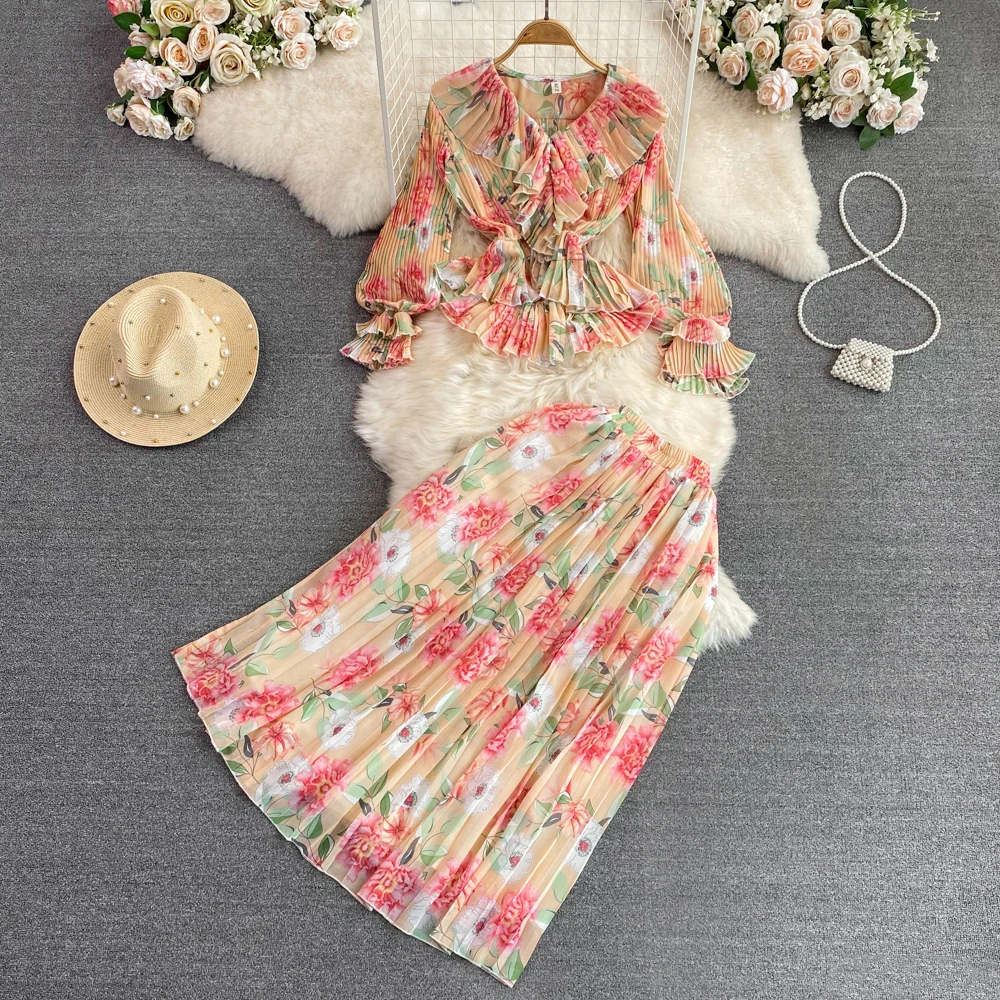 Ensemble deux pièces en mousseline de soie pour femme, nouvelle collection printemps-automne, doux, jupe florale, chemise plissée et longue plaquée, 2023