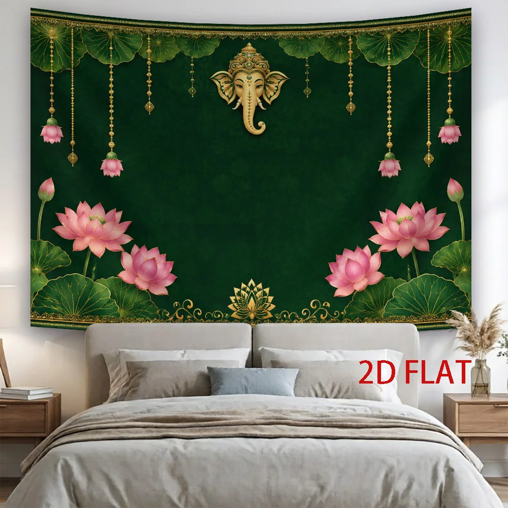 Golden Ganesha Lotus Tapestry Wall Hanging, Green Background Pink Water Lily Elephant God Spiritual Art for Bedroom Living Room
