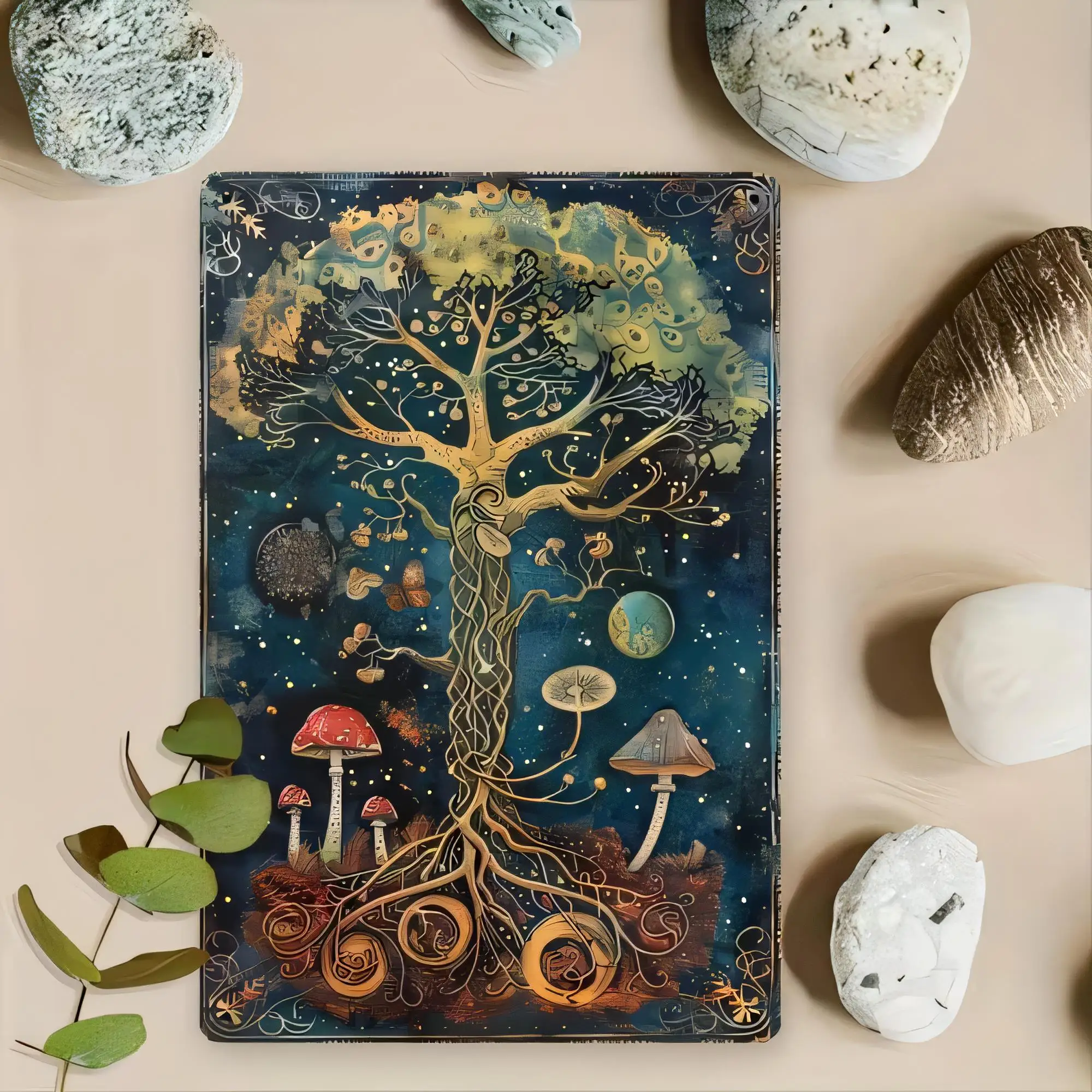 Tin Sign for Wall Decor Vintage Fantasy Tree of Life Night Sky Stars Mushroom Planet Art Poster Metal Plaque Retro Bar Pub Cafe
