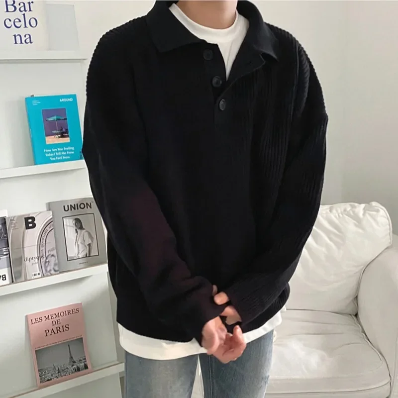 Jerséis de punto para hombre, Color puro, holgados, a la moda, holgados, para otoño e invierno, jerséis que combinan con todo, ropa de calle informal Harajuku Ins