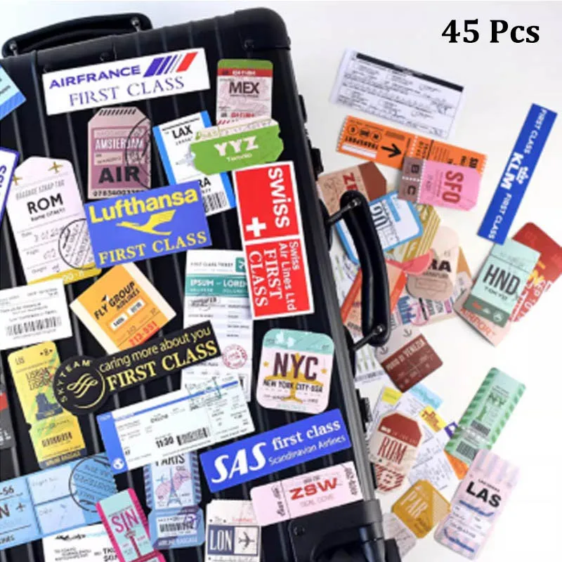

45 Pcs Frist Class Boarding Pass Airplane Ticket Stub Travel Sticker Laptop ipad Fridge Suitcase Waterproof Decal Vinyl Material