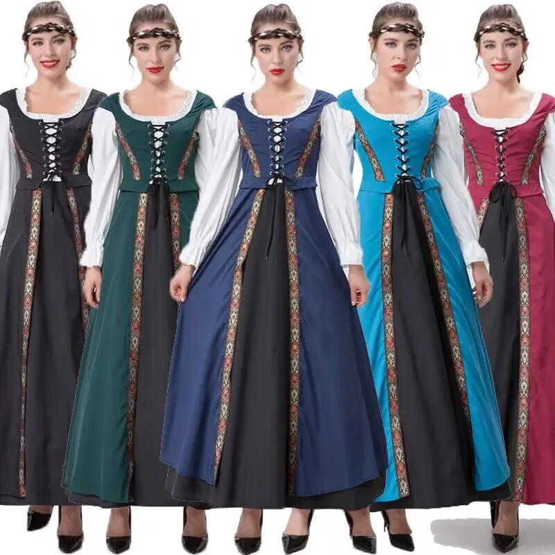 

Medieval Renaissance Style Long Dress Two-Piece Set Hollow out Square Collar Waist Cinched Flared Skirt Halloween Costume Women