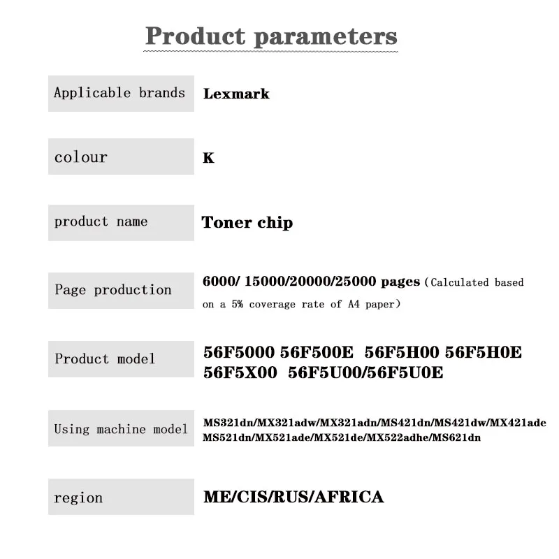 56F5000 56F500E 56F5H00 56F5X00 56F5U00  ME/CIS/RUS/AFRICA Toner Chip for Lexmark MS321/421/521/621/622/MX321/421/521/522/622