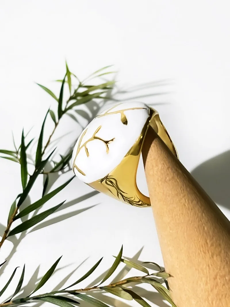 Minar Personality White Color Enamel Branch Charm Rings for Women Gold PVD Plated Stainless Steel Geometric Finger Ring