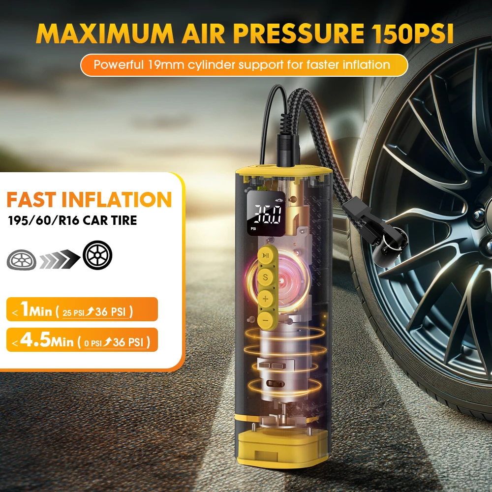 CARSUN Car Tire Air Pump 12V 150PSI Air Compressor Portable Wired Inflator For Car Motorcycle Bicycle with Extended Power Cord ﻿