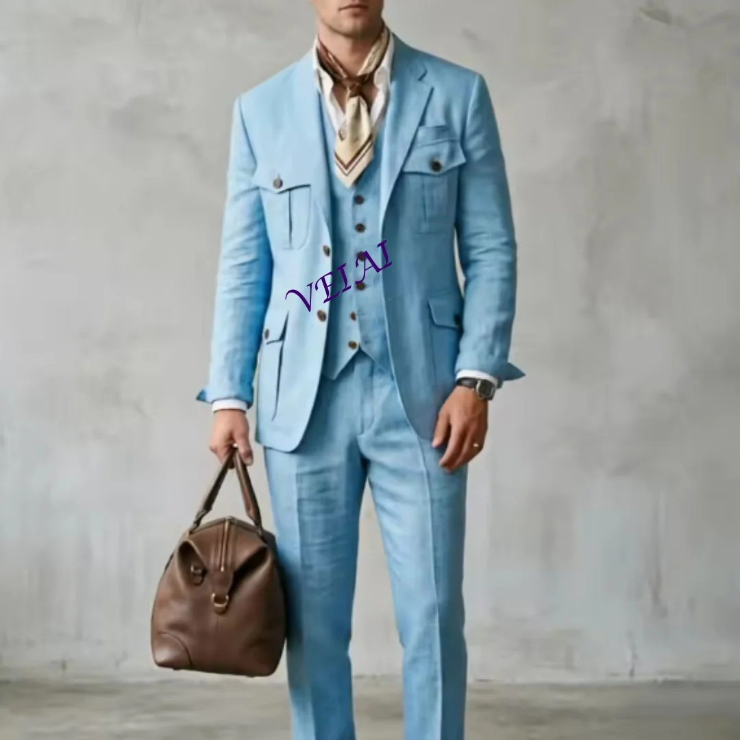 

CustomizedMens Vintage Beige Linen Safari Wedding Suit Slim Fit With Pockets Casual Formal Blazer Pants Groom Outdoor Prom Offic