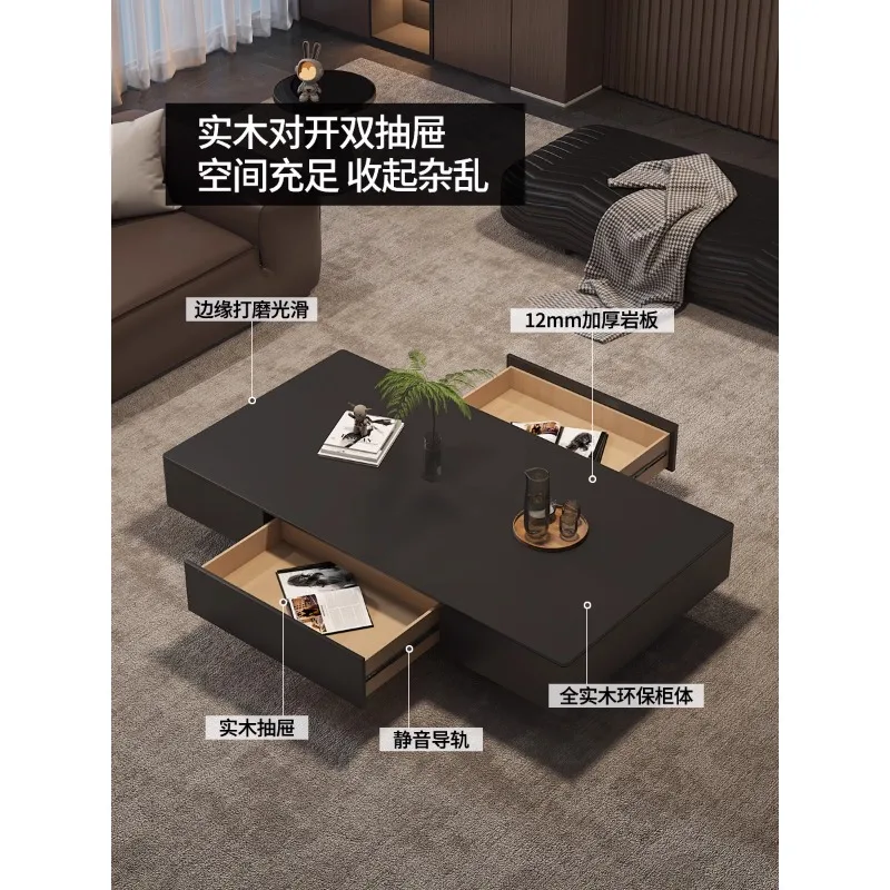 

Solid wood Italian living room rectangular coffee table high-end home size apartment rock slab coffee table black