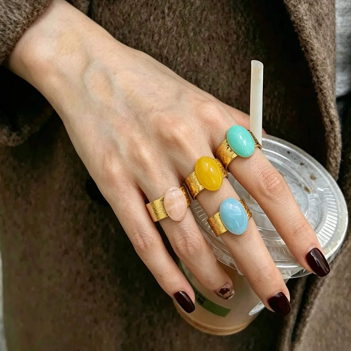 Stainles Steel Women Rings Adjustable Finger Rings Jewelry Fashion Natural Stone Ring For Woman Vacation Party Jewelry Gifts