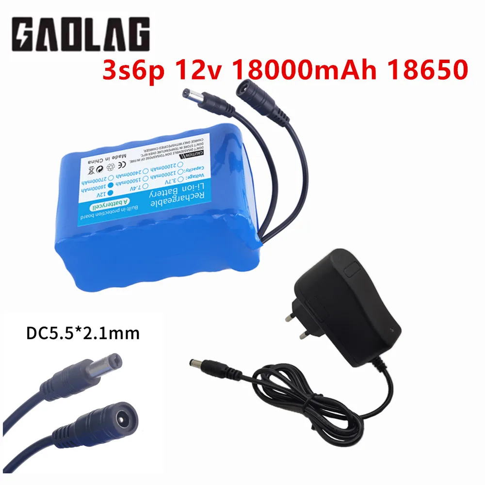 12V 18650 Battery pack 18000mAh 3s6p Rechargeable batteries 12.6V PCB Lithium Battery pack Protection Board 12.6v Charger