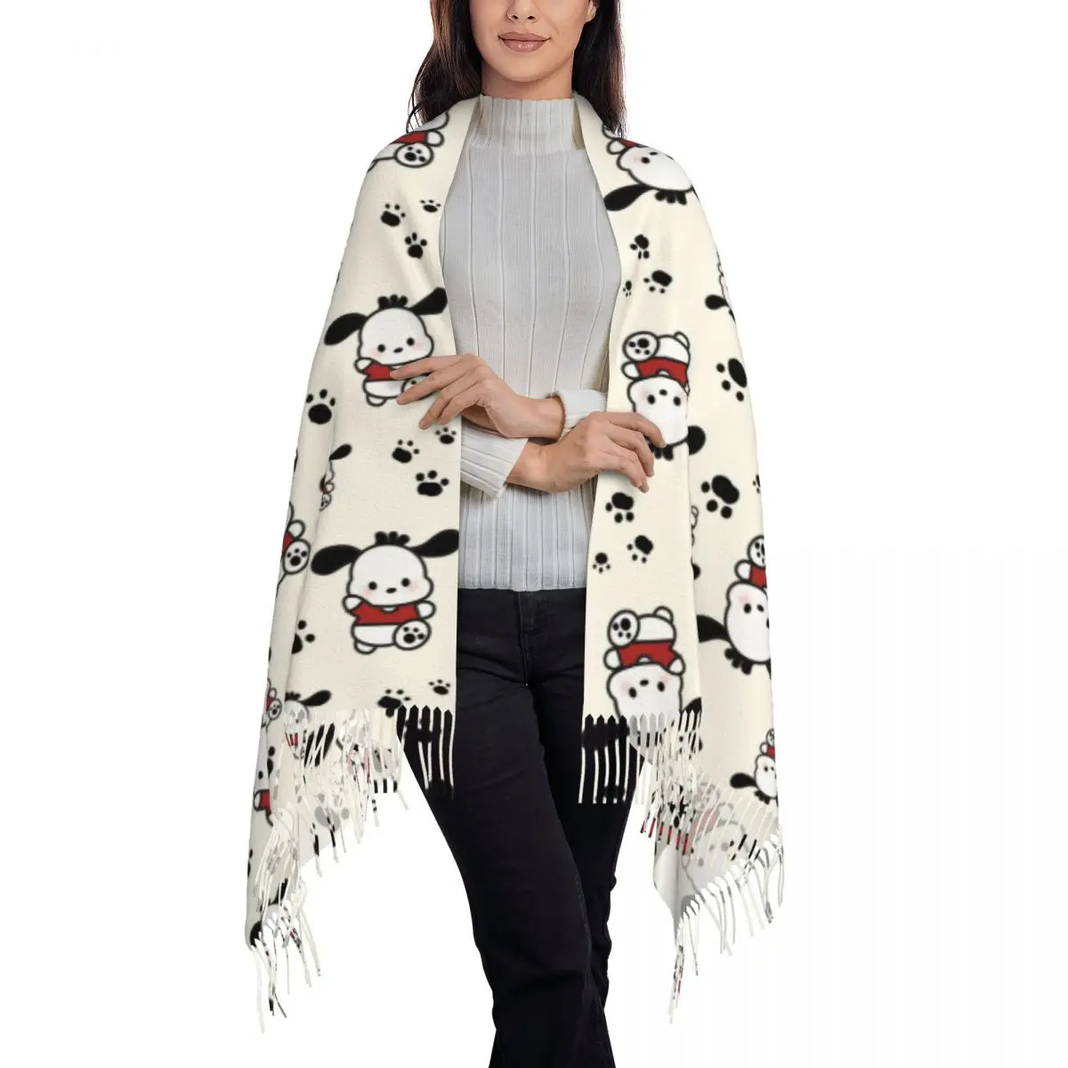 مخصص أنيق Pochacco الكرتون شرابة وشاح المرأة شتاء خريف شالات دافئة يلتف السيدات الأوشحة