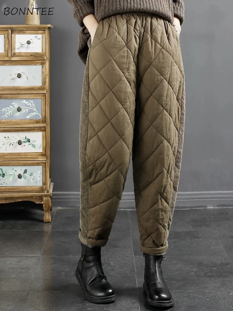 

High Waist Casual Harem Pants Women Plaid Patchwork Solid All-match Trousers Loose Keep Warm Winter Ankle-length Simple Chic