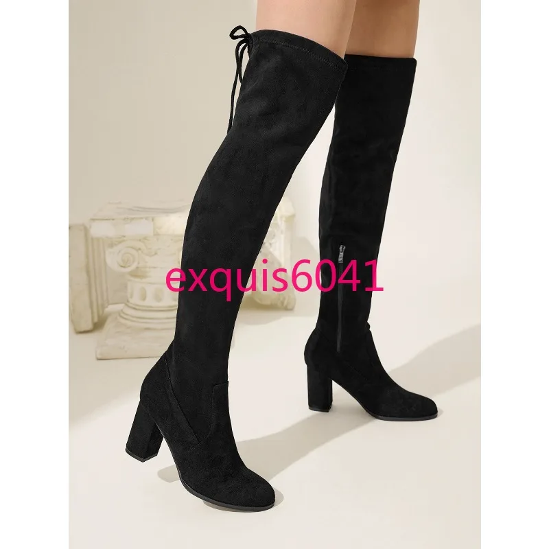 New Women's Sexy Fashion Coarse Heel High Heel Boots Back Lace-Up Design High Heel Over Knee Boots Size 35-42