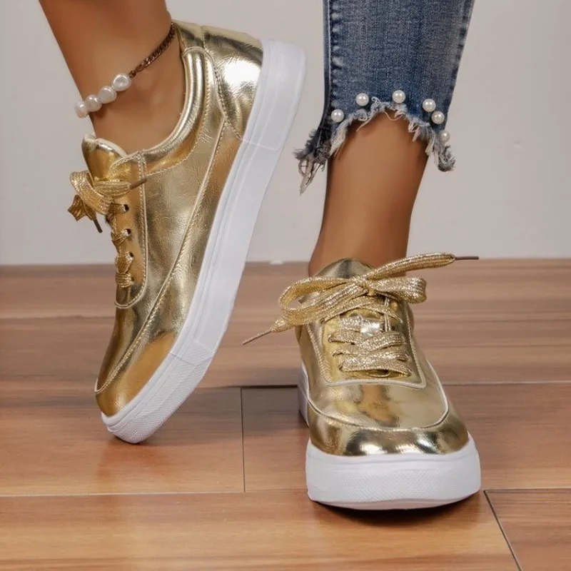 Gold Flat Shoes Women Shallow Silver Lace-upVulcanize Sneakers 2024 Four Seasons Newighted Ladies Shoes Female Walking Shoes