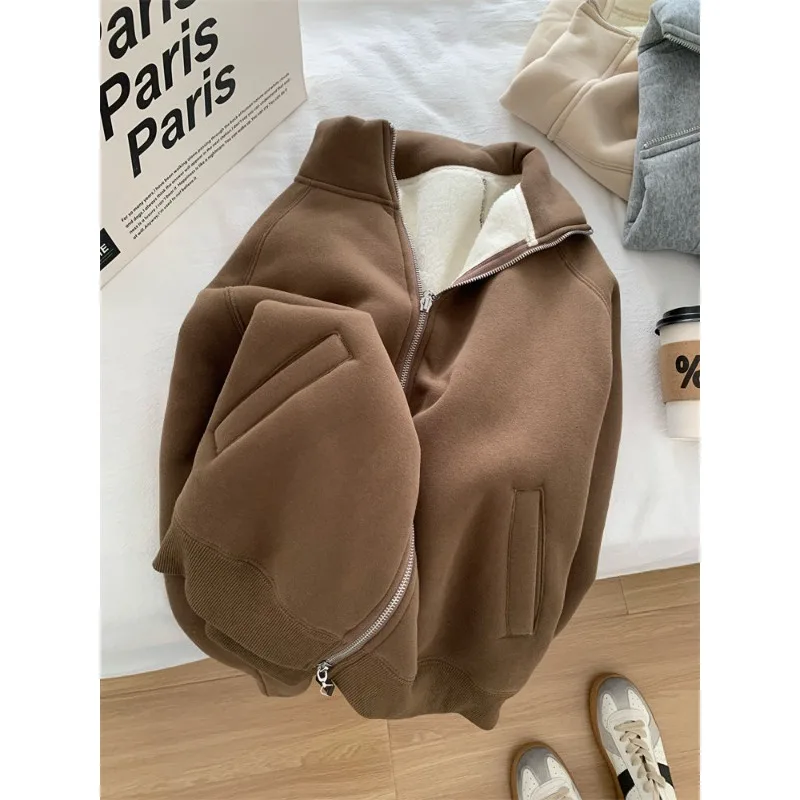 เสื้อสเวตเชิ้ตผ้าฟลีซเทียมเนื้อหนาพร้อมปกตั้งและซิปสำหรับใส่เดินทางในฤดูใบไม้ร่วง/ฤดูหนาวและสวมใส่ลำลอง เสื้อผ้าผู้หญิง