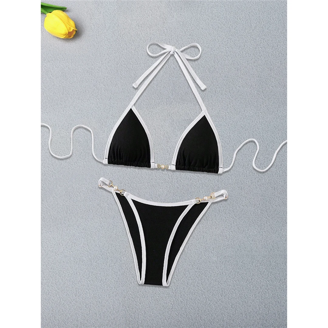 Perlen-Halterneck-Bikini mit hohem Beinausschnitt, zweiteiliger Badeanzug für Damen, gerippter, gepolsterter Badeanzug, Badebekleidung, Badeanzug V6315 – Detail 10