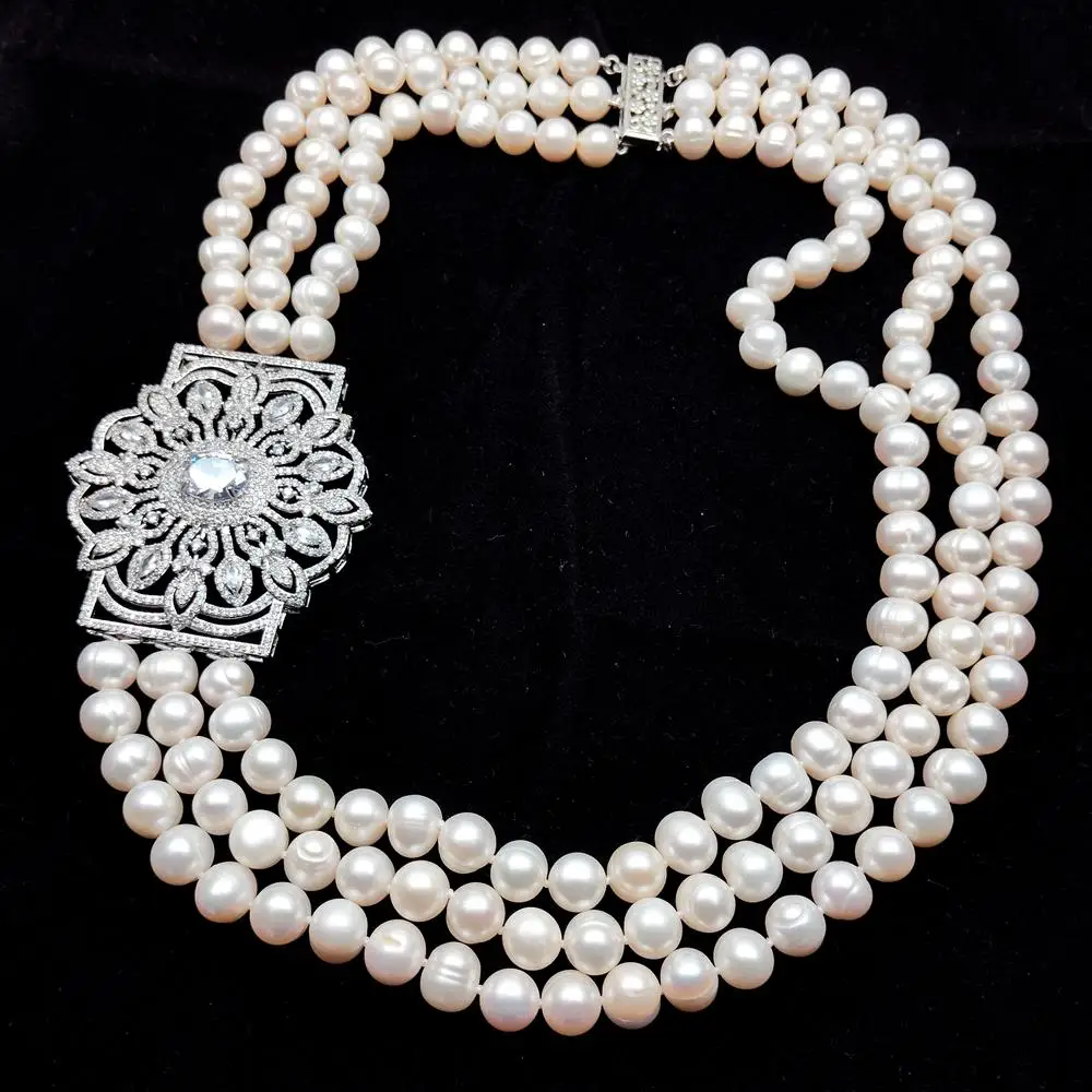 kkgem 3 Rows Freshwater 9-10mm Cultured White Pearl Chokers Necklace Big Cz Pave Pendant Wedding Jewelry